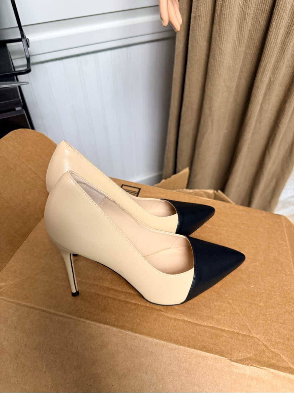 Two-Tone Beige and Black Pointed Toe Stiletto Pumps